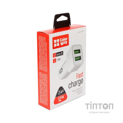 Зарядний пристрій ColorWay 2USB AUTO ID 2.4A (12W) white (CW-CHA009-WT)