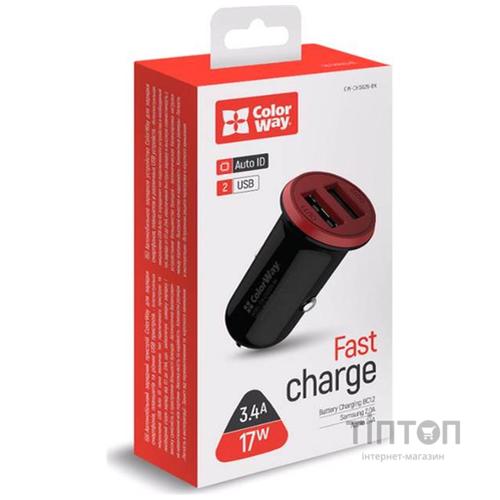 Зарядний пристрій ColorWay 2USB AUTO ID 3.4A (17W) red/black (CW-CHA026-BK)