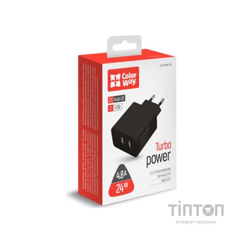 Зарядний пристрій ColorWay 2USB AUTO_ID 4.8A (24W) black (CW-CHS016-BK)