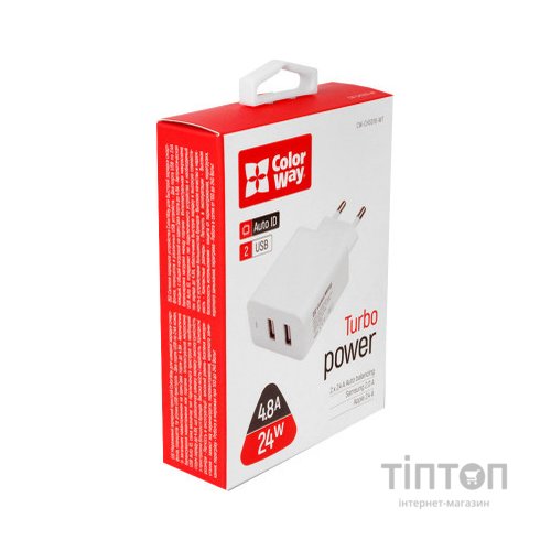 Зарядний пристрій ColorWay 2USB AUTO ID 4.8A (24W) (CW-CHS016-WT)