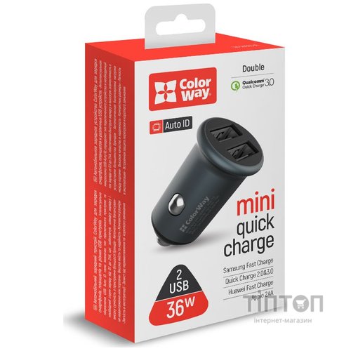 Зарядний пристрій ColorWay 2USB Quick Charge 3.0 (36W) Gray (CW-CHA036Q-GR)