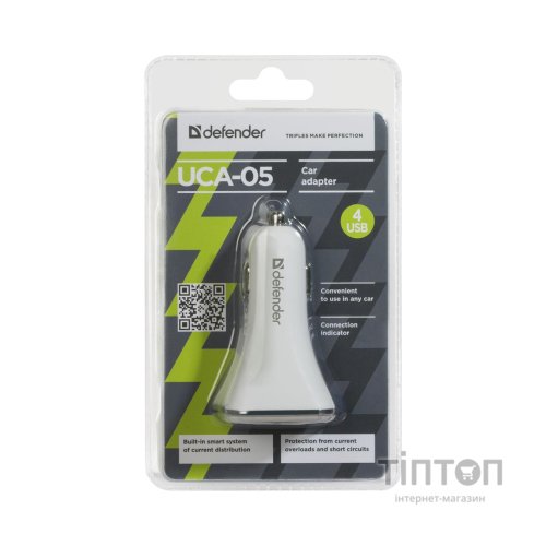 Зарядний пристрій Defender UCA-05 авто, 4 порта USB, 5V / 8A (83567)