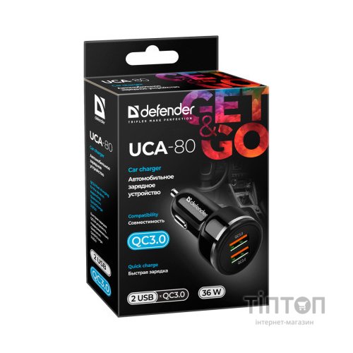 Зарядний пристрій Defender UCA-80 black, 2xUSB, QC3.0, 36W (83832)
