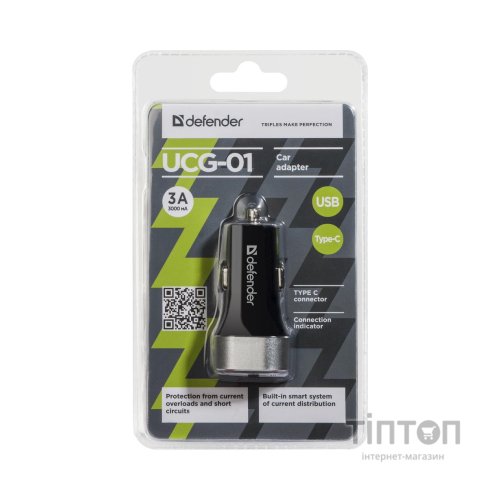 Зарядний пристрій Defender UCG-01 авто, 1 порт USB + TypeC, 5V / 5.4A (83569)