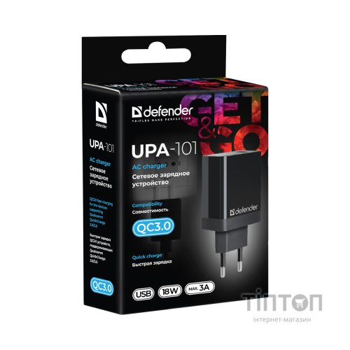 Зарядний пристрій Defender UPA-101 black, 1 USB, QC 3.0, 18W (83573)