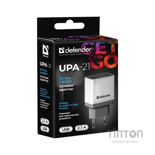 Зарядний пристрій Defender UPA-21 white, 1xUSB, 5V / 2.1A (83571)
