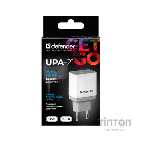 Зарядний пристрій Defender UPA-21 white, 1xUSB, 5V / 2.1A (83571)