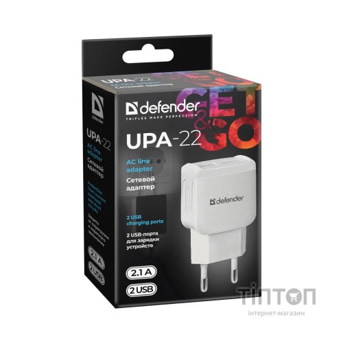 Зарядний пристрій Defender UPA-22 white, 2xUSB, 2.1A (83580)