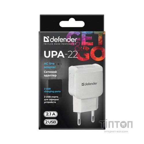 Зарядний пристрій Defender UPA-22 white, 2xUSB, 2.1A (83580)