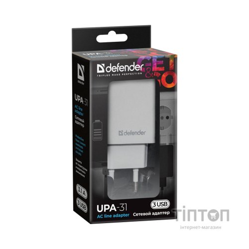Зарядний пристрій Defender UPA-31 white, 3xUSB, 5V / 3.1A (83587)