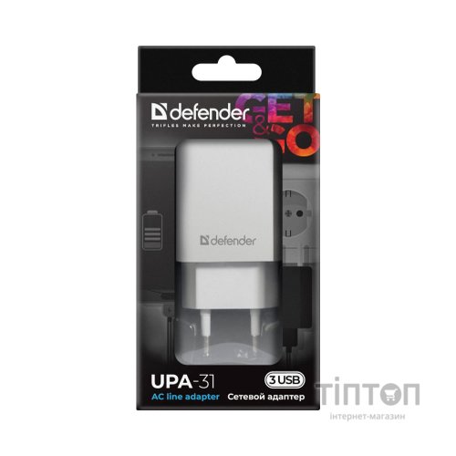 Зарядний пристрій Defender UPA-31 white, 3xUSB, 5V / 3.1A (83587)