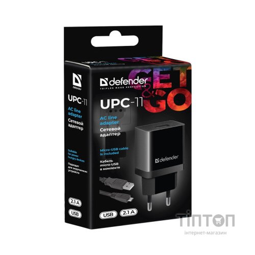 Зарядний пристрій Defender UPС-11 1xUSB,5V/2.1А, кабель micro-USB (83556)