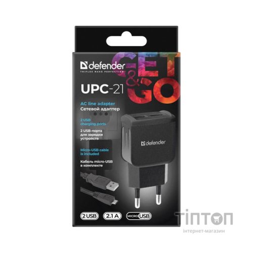 Зарядний пристрій Defender UPС-21 2xUSB,5V/2.1А кабель microUSB (83581)