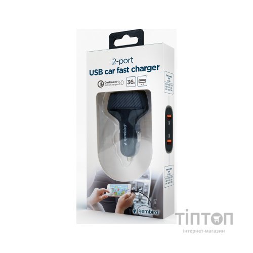 Зарядний пристрій Gembird 2 port 36W QC3.0 (TA-U2QC3-CAR-01)