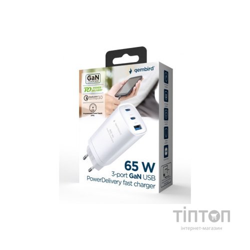 Зарядний пристрій Gembird USB-A + 2xType-C (PD18W + QC3.0 27W) white (TA-UC-PDQC65-01-W)