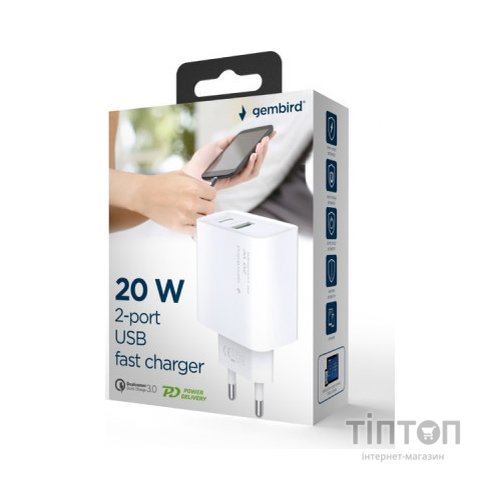 Зарядний пристрій Gembird USB-A + Type-C (PD20W + QC3.0 18W) white (TA-UC-PDQC20-01-W)