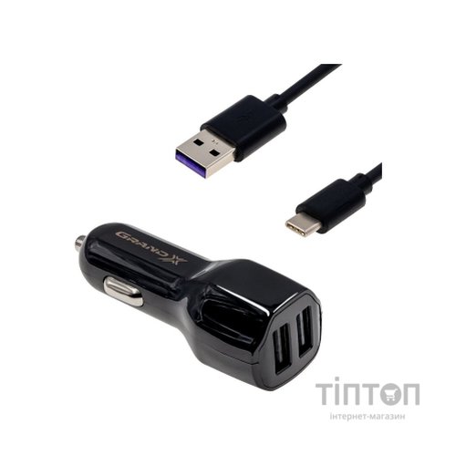 Зарядний пристрій Grand-X 2,1A, 12-24V, 2USB + cable USB -> TypeC, Cu, 1m (CH-26TC)