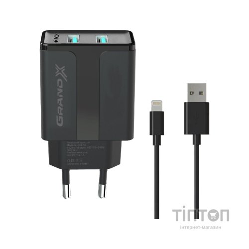 Зарядний пристрій Grand-X 5V 2,1A Black + cable USB-Lightning (CH15LTB)