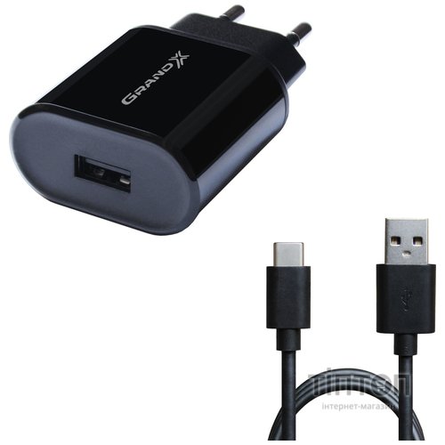 Зарядний пристрій Grand-X CH-15T 5V 2.1A 2USB Black + cable USB -> Type-C (CH-15T)