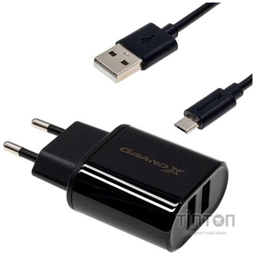 Зарядний пристрій Grand-X CH-15T 5V 2.1A 2USB Black + cable USB -> Type-C (CH-15T)