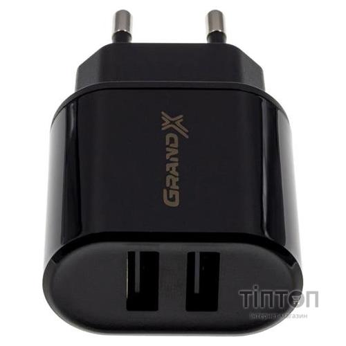 Зарядний пристрій Grand-X CH-15T 5V 2.1A 2USB Black + cable USB -> Type-C (CH-15T)