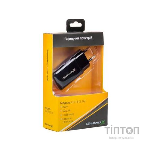Зарядний пристрій Grand-X CH-15UMB (5V/2,1A + DC cable 2,4А USB -> Micro USB 1m) Black (CH-15UMB)
