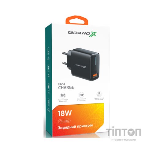 Зарядний пристрій Grand-X Quickcharge QС3.0 3.6V-6.5V 3A, 6.5V-9V 2A, 9V-12V 1.5A USB (CH-550B)