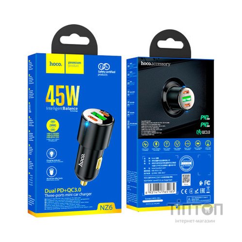 Зарядний пристрій HOCO NZ6 2xType-C, USB-A Black (6931474765185)