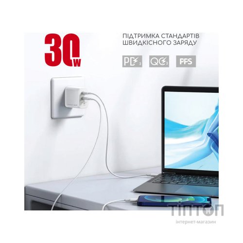 Зарядний пристрій Intaleo 30W GAN USB-C PD+USB-A QC 3.0 white (1283126578274)