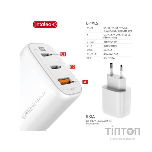 Зарядний пристрій Intaleo 65W GAN 2USB-C PD+USB-A QC 3.0 white (1283126559525)