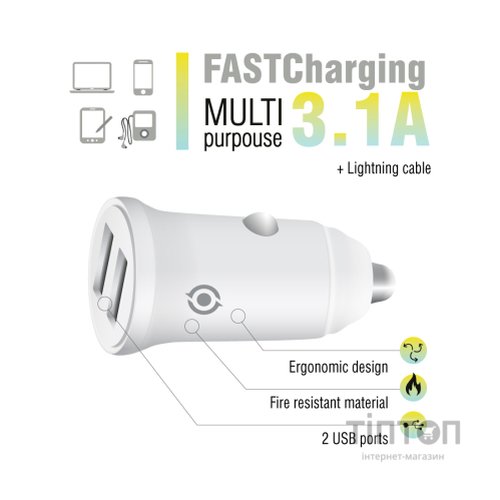 Зарядний пристрій Piko CC-312 (2USB3,1A) + Lightning cable (1283126538810)