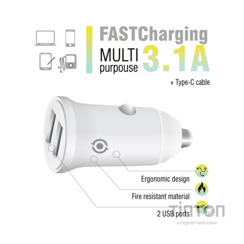 Зарядний пристрій Piko CC-312 (2USB3,1A) + USB-C cable (1283126538803)