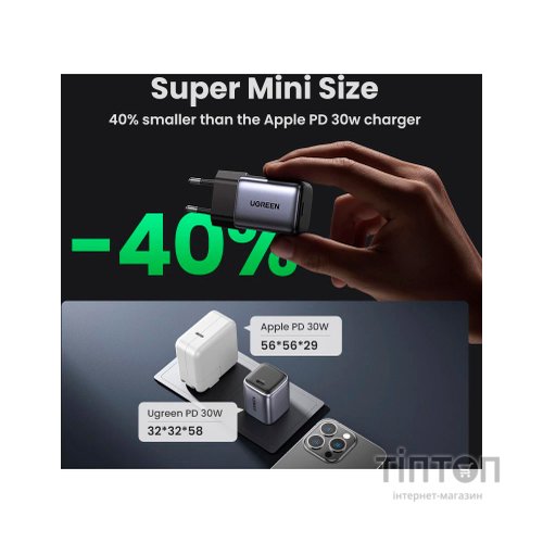 Зарядний пристрій Ugreen 1xUSB 30W Gan Type-C PD Nexode Mini Grey CD319 (90666)