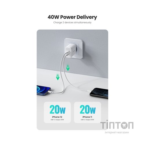Зарядний пристрій Ugreen 2xUSB 40W PD (2xType-C) PD CD243 White (10343)