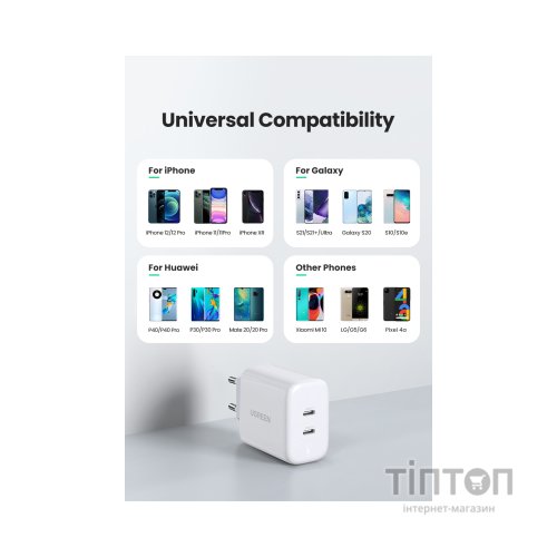 Зарядний пристрій Ugreen 2xUSB 40W PD (2xType-C) PD CD243 White (10343)