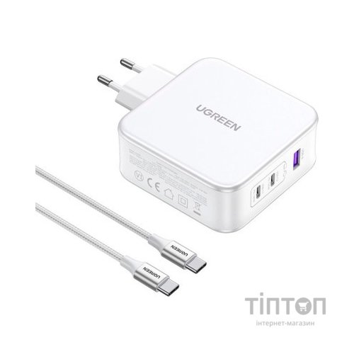 Зарядний пристрій Ugreen 3xUSB 140W GaN (2хUSB-C+USB-A) CD289 with C to C Cable 1.5 м White (15339)