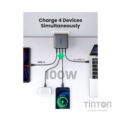Зарядний пристрій Ugreen 4xUSB 100W GAN (USB-A+3*USB-C) Tech Fast Charger CD226 Grey (90575)