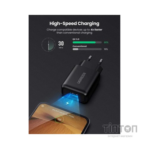 Зарядний пристрій Ugreen CD122 18W USB QC 3.0 Charger (Black) (70273)