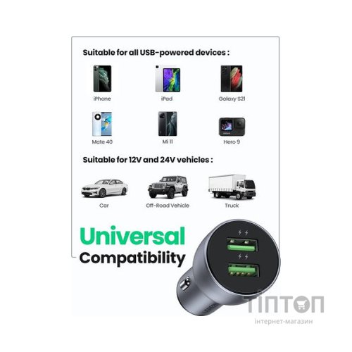 Зарядний пристрій Ugreen CD213 36W 2xUSB QC 3.0 3A Car Charger (Dark Blue) (10144)