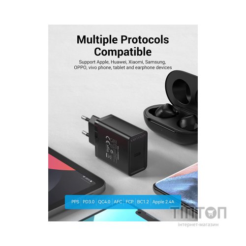 Зарядний пристрій Vention 1xUSB 20W (USB-С) PD black (FADB0-EU)