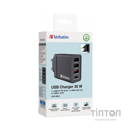 Зарядний пристрій Verbatim USB 30W PD3.0 4-ports black (49700)