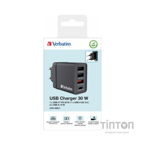 Зарядний пристрій Verbatim USB 30W PD3.0 4-ports black (49700)