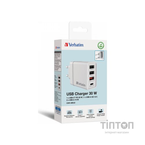 Зарядний пристрій Verbatim USB 30W PD3.0 4-ports white (49701)