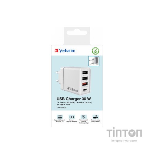 Зарядний пристрій Verbatim USB 30W PD3.0 4-ports white (49701)
