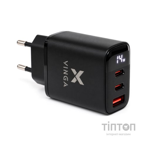 Зарядний пристрій Vinga 2xUSB-C + USB-A Display 45W (VCR45ACCDB)