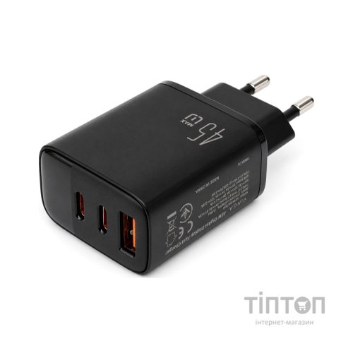 Зарядний пристрій Vinga 2xUSB-C + USB-A Display 45W (VCR45ACCDB)