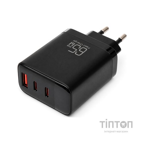Зарядний пристрій Vinga 2xUSB-C + USB-A Display 65W (VCR65ACCDB)