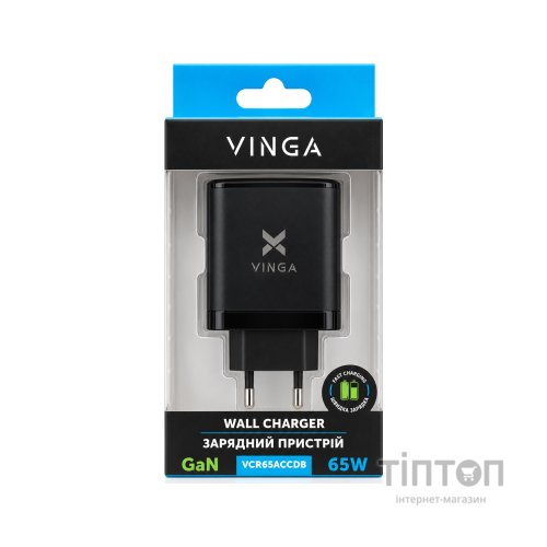 Зарядний пристрій Vinga 2xUSB-C + USB-A Display 65W (VCR65ACCDB)