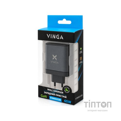 Зарядний пристрій Vinga 2xUSB-C + USB-A Display 65W (VCR65ACCDB)