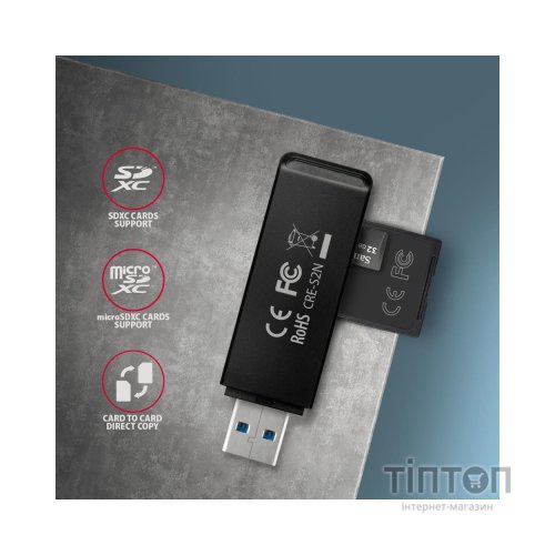 Зчитувач флеш-карт AXAGON USB-A 3.2 to SD/microSD 5Gbps black (CRE-S2N)